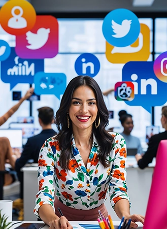 Woman in office with social media icons