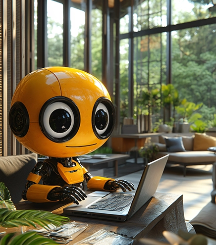 Cute yellow robot using a laptop