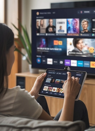 Woman browsing streaming apps on tablet and TV