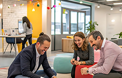 Colleagues laughing together in an office