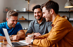 Three men working together on a laptop