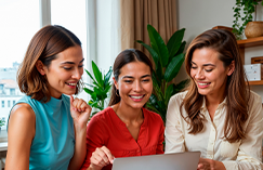 Three women smiling at a laptop