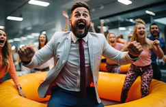 Excited man celebrating with a cheering group