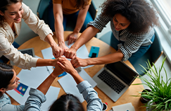 Team joining hands in unity